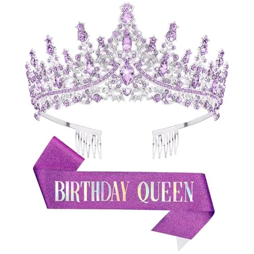 DRESHOW Corona y Fajín de Cumpleaños para Mujer Fajín de Reina de Cumpleaños y Tiara de Strass Set Tiaras y Fajines para Niñas Decoraciones Accesorios para el Pelo