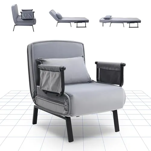 FLEXISPOT Sillón Cama 3 en 1 con función de Cama, Respaldo Ajustable, sofá Cama de Lino con Bolsillo Lateral, Patas Plegables, Ahorra Espacio para salón, Dormitorio u Oficina (Gris)