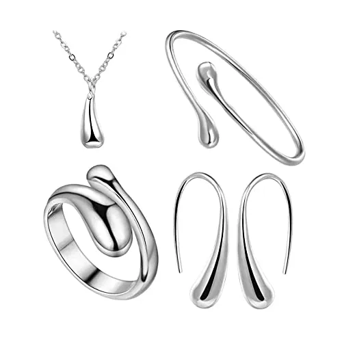 TOFBS Gota de Agua Conjuntos de Joyas para Mujer y Niñas, Plata Oro Lágrima Collar con Colgante Pendientes Pulsera y Anillo Juego de Joyas Fiesta Cumpleaños Boda Día de San Valentín Regalos (Plata)