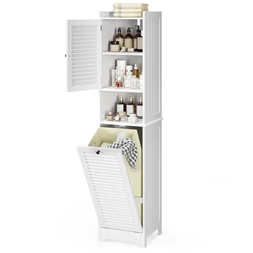 Xbro Mueble Baño con Cesto para Ropa, Armario Columna con Estantería y Puerta con Balda Ajustable, para Baño Pequeño, 40 x 170 x 37 cm, Blanco