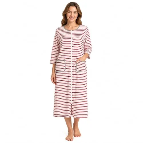 RONGTAI Albornoz de verano para mujer, cuello redondo, mangas 3/4, cremallera frontal, pijama cómodo a cuadros, Rayas rosadas, XL