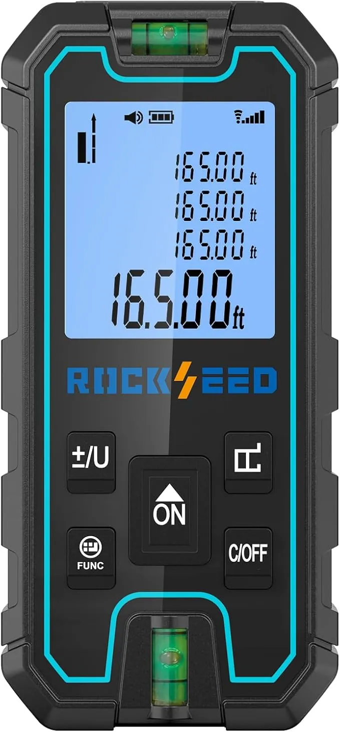 Medición Láser,RockSeed Medidor de Distancia Láser Portátil y Preciso, Herramienta Digital de Medición de Distancia con 2 Niveles de Burbuja, Medición de Distancia Láser con m/in/ft/ft Conversión