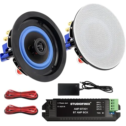 STUDIOFINIX Altavoz de techo Bluetooth de 4 pulgadas, sistema de 2 vías de 160W, sonido envolvente con cable para cine en casa, sala de estar, oficina, cocina, estudio, sótano, terraza cubierta y