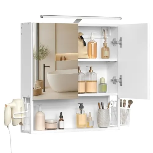 VASAGLE Armario de Baño con Espejo y Luz LED, 2 Puertas, 56 x 13 x 58 cm