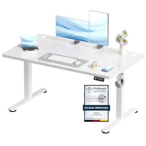Devoko 120x60 cm Escritorio Regulable en Altura, Escritorio Elevable Eléctrico Telescópico Bidireccional, Escritorio de Oficinay Hogar, para Estudio en Casa con Tablero Ensamblado, Blanco