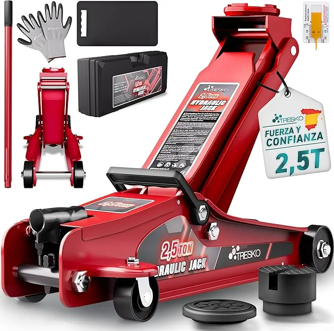 TRESKO - Gato hidráulico de 2,5 toneladas, altura de elevación 85 – 385 mm – con maletín – Gato hidráulico plano para coches bajados – Ruedas de 360° con 2 almohadillas de goma, alfombrilla de