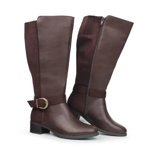 Hawkwell Botas altas hasta la rodilla para mujer con cierre de tirón de pantorrilla extra ancho y cremallera lateral, Marrón