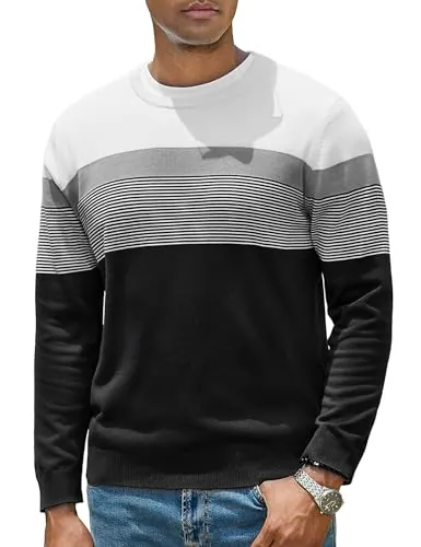 iClosam Suéter Hombre de Punto a Rayas Manga Larga Cuello Redondo Clásico | Estilo moderno para oficina y vida diaria, Corte entallado, tejido de algodón, para el fin de semana, color Negro, talla 3XL