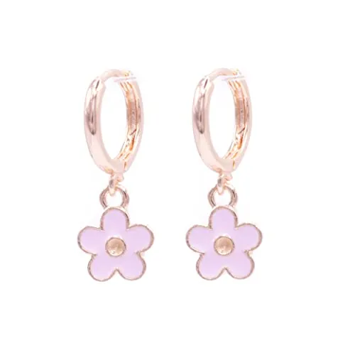 ZARZAMORA Pendientes Flor y Aro Chapado en Oro de 14 K- Aros Colgantes Divertidos Pétalos Esmaltados - Varios Colores -Cierre Fácil Para Niña Chica Mujer- Regalo Original (Rosa)