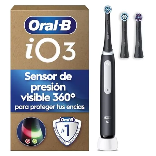 Oral-B iO 3 Cepillo de Dientes Eléctrico con 3 Cabezales, Negro - Cepillo Dental con Sensor de Presión, 3 Modos de Cepillado con Blanqueamiento Dental Y Temporizador, Diseñado por Braun