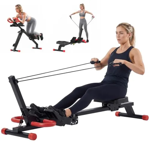SPORTNOW Máquina de Remo Plegable 2 en 1 con Entrenador de Cintura Rojo | Máquina de Remo para Casa, Resistencia Ajustable, Pantalla LCD, Asiento Acolchado, Pedales Antideslizantes, Carga 120 kg