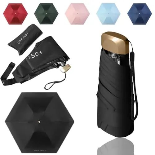 Tirimbeles Paraguas Pequeño Plegable de Bolsillo | Mini Paraguas 6 Varillas y Funda | Protección Solar UV y Repelente al Agua | Compacto y Portátil | Ideal Viaje y Bolsos Pequeños (Negro)