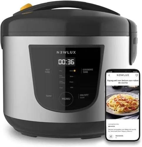 NEWLUX - Robot de Cocina Multifunción 5L SmartChef V50 con Cubeta Antiadherente, Programable hasta 24 Horas, 9 Funciones y 8 Menús automáticos. Mantiene Caliente 24H, Negro