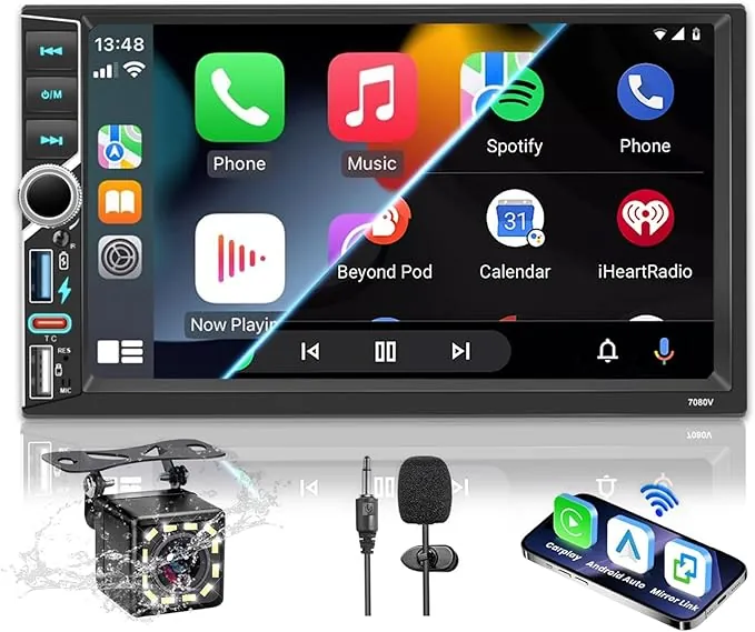 Radio estéreo para Coche 2 DIN con Bluetooth, CarPlay inalámbrico y Android Auto, Pantalla táctil HD de 7 Pulgadas, Radio FM RDS, Tipo C, Carga rápida, micrófono y cámara de visión Trasera