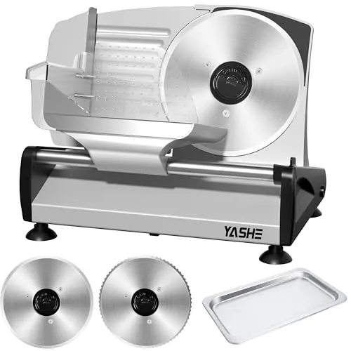 YASHE Cortadora De Fiambre Con Motor DC Silencioso, Cortafiambres Eléctrico Para Jamón 200W, Cuchillas De Acero Inoxidable Duales De 19CM, Grosor Ajustable De 0-15mm Para Carne, Queso, Pan Y Verduras