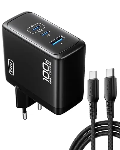 INIU Cargador USB C GaN 100W, 3-Puertos Cargador Rápido Compacto con Cable USB C de 100W 1.5m, Cargador de Viaje para Portátil MacBook Pro Air 14, iPhone 17 16 Pro Max iPad Samsung S26 S25 Ultra Pixel