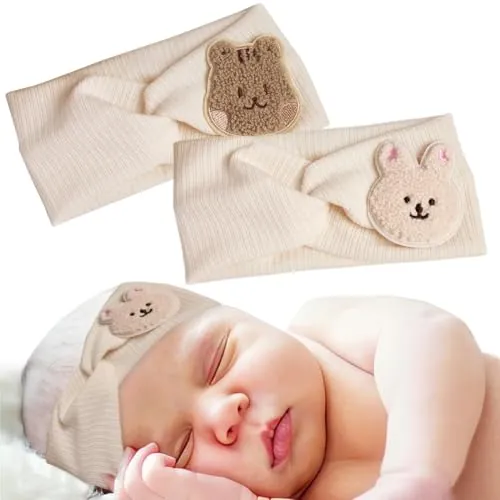 RVYEIOP 2 Stück Blumenstirnband Baby Eichhörnchen Kaninchen Kreuz Haarband Band gestrickt gedrehtes Stirnband weiches elastisches Stirnband Baby Mädchen beige