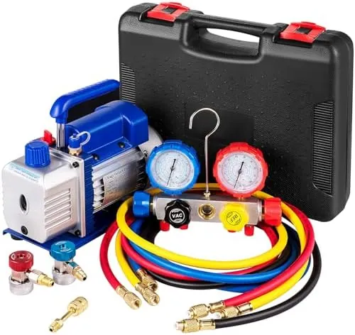 VEVOR Bomba de Vacío de Aire Acondicionado 136 L/min 1/3 Hp HVAC Bomba de Vacío de Refrigeración con Kit de Manómetros 4 Vías 1440 RPM para Refrigeración de Aire Acondicionado Automotriz con Caja