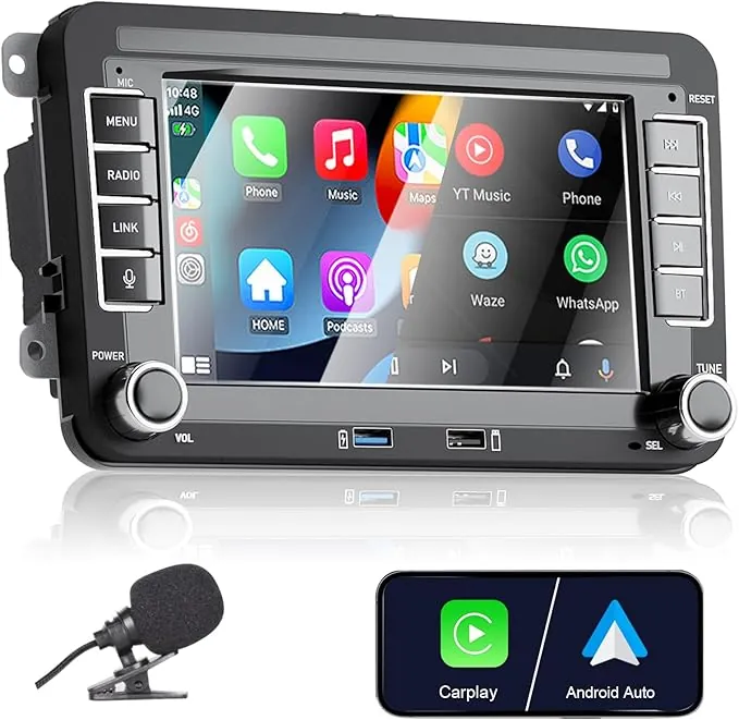 Adecuado para VW Golf 5/6, Polo, T5, Toucan, Skoda, Passat, Jetta, Caddy, CC, Touran. Autoradio 7" táctil con CarPlay/Android Auto, Bluetooth/FM/USB/Am/DSP/RDS y Alta Potencia.