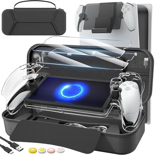daydayup Juego de accesorios 14 en 1 compatible con PlayStation Portal Remote Player, bolsa de transporte y soporte para percha con 2 protectores de pantalla y 4 asas para pulgar, paquete de