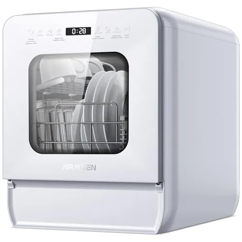 AIRMSEN Lavavajillas de Encimera Mini Lavavajillas con Tanque de 5L, 7+2 Programas Diseño Ultra Estrecho (37x50cm) y Gran Profundidad Lavavajillas Compacto Rociado Dual 360° Blanco (Blanco)