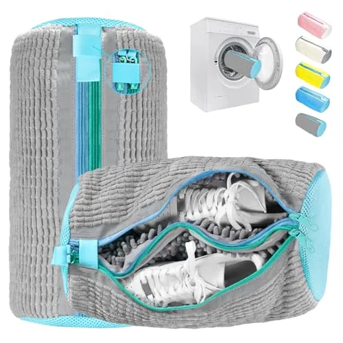 2 en 1 Bolsa Lavadora Zapatillas, Bolsa para Lavar Zapatillas en Lavadora con Doble Cremallera, Limpieza 360°, Reutilizable, Bolsas Lavadora con Cremalleras Ocultas