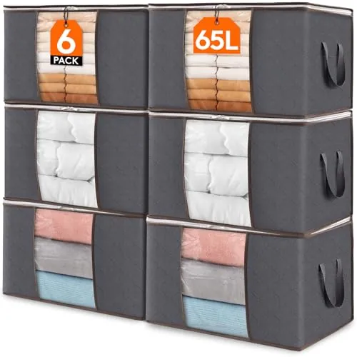 Lifewit Bolsa Almacenaje Ropa, Cajas Almacenaje Plegable, Organizador Armario, Cajas Mudanza, Bolsas con Asa Reforzada para Guardar Ropa, Mantas, Edredones, Gris, 65L, 6 Piezas
