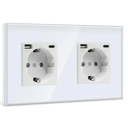 BSEED Doble Enchufe de Pared USB(Max. 2.1A) con Tipo C Port,Blanco Schuko Enchufe,Toma de Corriente con 2 x Cargadores USB y Tipo C Adecuado para Smartphone MP3 Tablet,para Cocina,Dormitorio