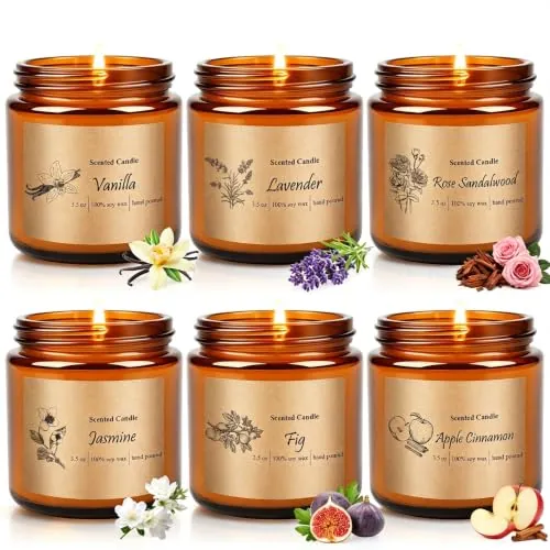 Velas aromáticas en vidrio, set regalo para mujeres 6 perfumes, cera soja
