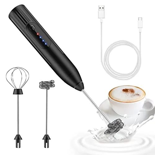 espumador de leche,USB Recargable batidor de leche electrico, 3 velocidades ajustable espumadera de leche, batidora leche espuma para capuchino, café, matcha (Negro)