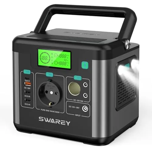 SWAREY Generador Solar Portátil S160, 222Wh Estación de Energía, Salida de CA de 300W (Pico de 600W), Puerto USB-C de 65W, Batería Externa para Camping, Viajes, Pesca, RV