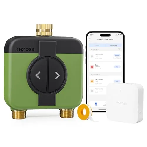 Meross Programador Riego WiFi 2 Salidas MST200, App Riego Automatico de Jardín & Control Remoto, Retraso Lluvia y Monitoreo Consumo Agua, Compatible con Apple Home, Alexa y Google Home, Verde, 2.4GHz