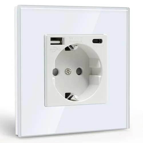 BSEED Enchufe de Pared USB(Max. 2.1A) con Tipo C Port,Blanco Schuko Enchufe Simple,Toma de Corriente con 2 x Cargadores USB y Typ C Adecuado para Smartphone MP3 Tablet,para Cocina,Dormitorio