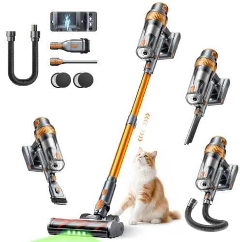 SMOTURE Aspiradora sin Cable 55KPA/650W/70Min, Aspirador Escoba con Manguera de 1M, Cepillo Anti-Enredo con Luz, Modo Automático, Base de Carga de Pared, para Pelo de Mascota/Suelos/Alfombras/Coche