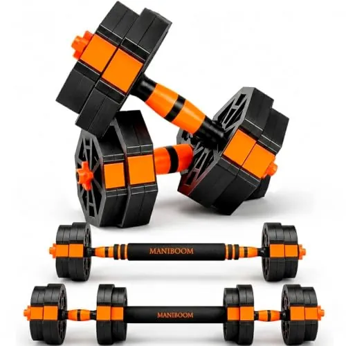 ManiBoom Mancuernas Ajustables 10kg 15kg 20kg 30kg 40kg 50kg - Kit de Pesas y Mancuernas 3 en 1 con Rosca de Seguridad, Barra Acolchada y Guía de Ejercicios - Gimnasio en Casa
