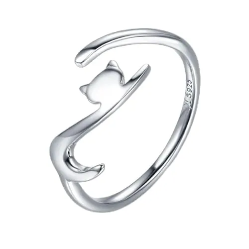 Anillo de plata esterlina Qings 925, Ajustable Abierto Gato Estilo anillo Joyería de moda para Chica adolescente regalo tamaños universales