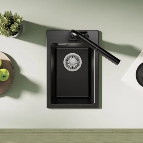 CECIPA Fregadero de granito de 30 x 45 cm, rectangular, pequeño, de cuarzo negro, fregadero individual con juego de desagüe, color negro, moderno fregadero de granito, fregadero de cocina, fregadero