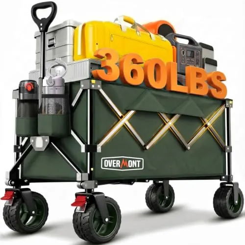 Overmont Carro Playa Plegable con Ruedas - Carrito de Jardín Todo 150L 150 kg con Todo-Terreno Desmontables Ruedas Grandes - Carro transporte plegable con Portavasos per Camping Compras Deportes Verde