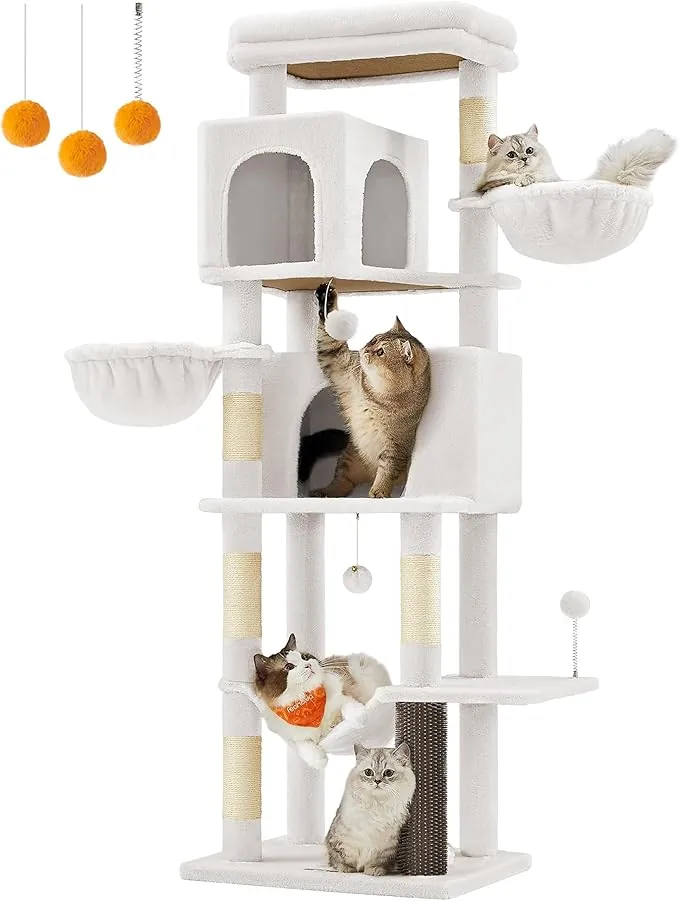 Feandrea Árbol Grande para Gatos, Torre para Arañar de 175 cm de Altura, Multinivel con 2 Cuevas, 2 Cestas, 5 Rascadores, Alfombra, Plataforma, Hamaca, Blanco Crema PCT182W02