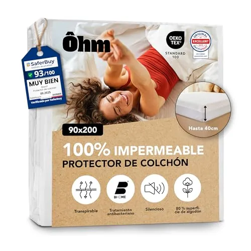 Protector Colchón 150x190 cm | Cubrecolchón Impermeable e Imperceptible | Algodón Hipoalergénico y Absorbente | Antiácaros | Forma de Bajera | hasta 40 cm | Funda Transpirable | Oeko-Tex | Ôhm