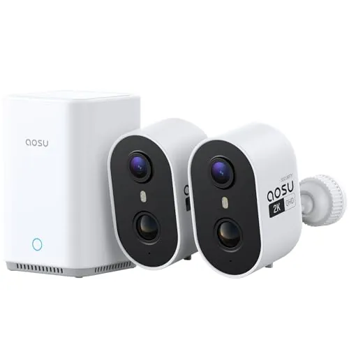 aosu Cámara de Vigilancia 2K Exterior e Interior Kit 2 Cámaras con Aosubase Sin Suscripción 32GB Almacenamiento Local Inalámbrica Sensor PIR Alarma Luz Sonido Audio Bidireccional Visión Nocturna