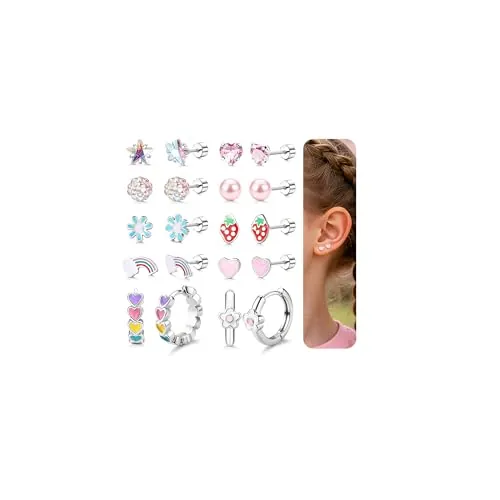 CASSIECA 10 Pares Pendientes Niña con Espalda Plana Pendientes Aro Acero Quirurgico Antialergicos Lindo Pendientes Flores Arcoíris Forma Corazón