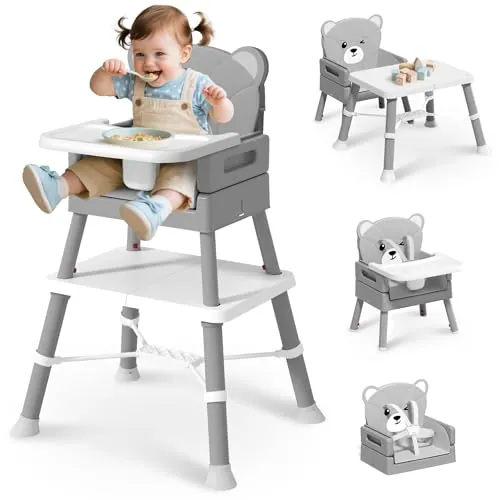 COOSEYA Trona Bebé 6 en 1 Convertible y Plegable, Silla Alta para Bebés y Niños, Trona Evolutiva con Bandeja Desmontable, Arnés de 5 Puntos y Cojín, Silla de Alimentación Portátil (Gris, 6 M - 36M)