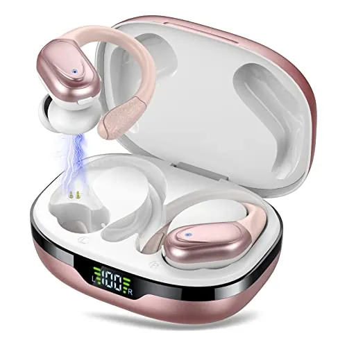 Auriculares Inalambricos, Auriculares Bluetooth 5.3 con Gancho de la Oreja, 60H de Reproducción, Pantalla LED, Llamada ENC HD, Profundamente Bajo, Ajuste Cómodo, IPX7 Impermeable(Oro Rosa)
