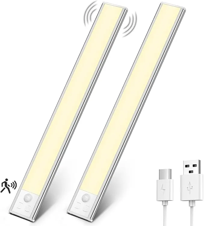 OUILA Luz de Armario con Sensor Movimiento 3000K Recargable Luz Nocturna,31CM Regulable Lampara LED Adhesiva para Gabinete, Pasillo, Escalera, Sótano, Cocina, Garaje-2 Packs