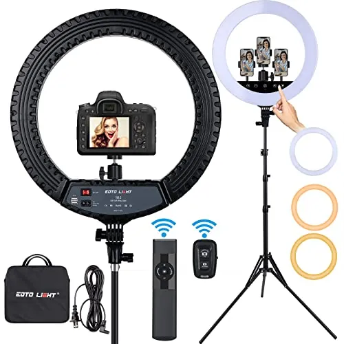 Anillo de luz LED de 18 Pulgadas con Soporte para trípode, Panel táctil Selfie Ring Light para Makeup Studio Youtube Portrait Video con Bolsa de Transporte y Control Remoto, CRI>90