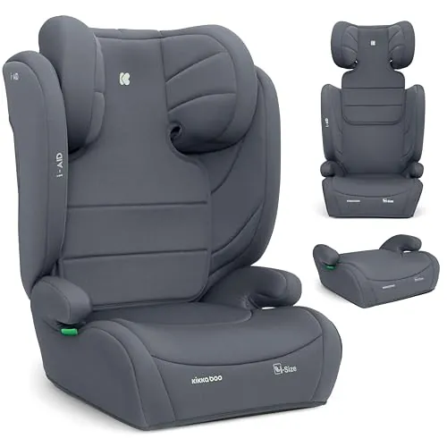KikkaBoo Silla Coche Grupo 3 (15-36 kg, 100-150 cm) i-AID, Silla Para Niño sin ISOFIX, i-Size, De 3,5 a 12 Años, 13 Posiciones Reposacabezas, Gris