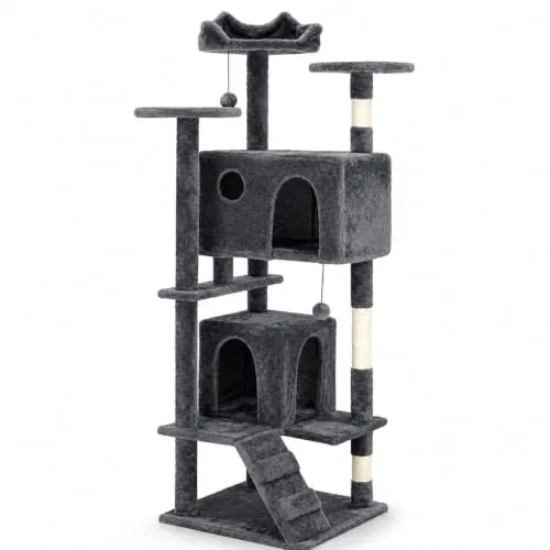 Árbol rascador para Gatos Grandes 150 cm, Torre multinivel Gris con 2 Cuevas, Cama Superior, Plataformas, Postes de sisal,