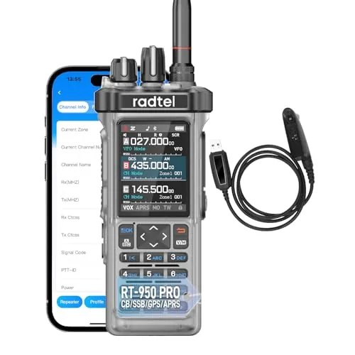 Radioaficionado Radtel RT-950 Pro GPS/APRS, walkie-Talkie portátil de Largo Alcance de 10 W, programación por aplicación Bluetooth, Transparente (con Cable de programación)