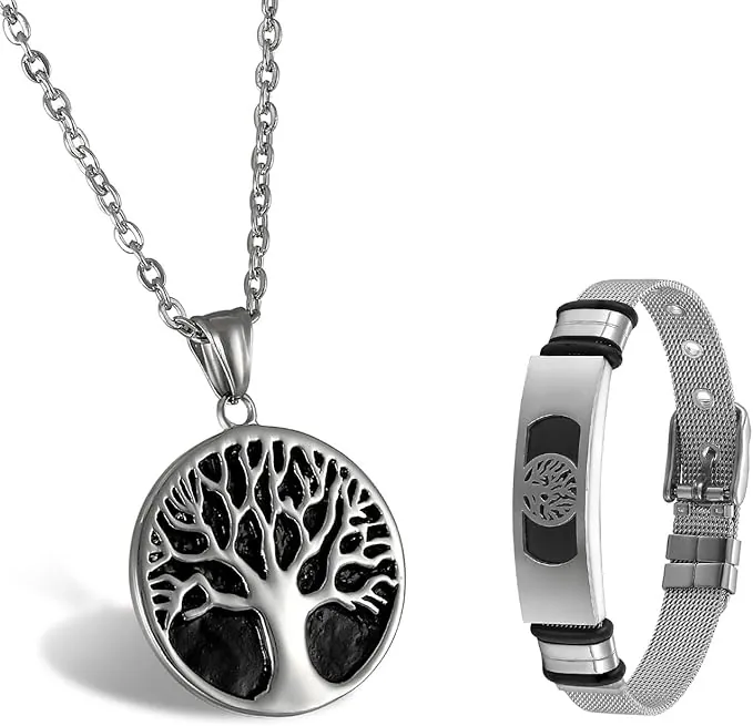 Aroncent Pulsera Ajustable Brazalete Chulo Collar Militar de Acero Inoxidable Colgante Árbol de Vida Punk Rock Juego de Joyería para Hombre Mujer Pareja, Negro Plata – 2PCS